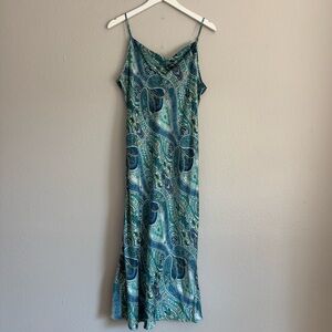 100% Silk Paisley Floral Slip Dress Midi Cowl Neck Green Blue Size XL Target